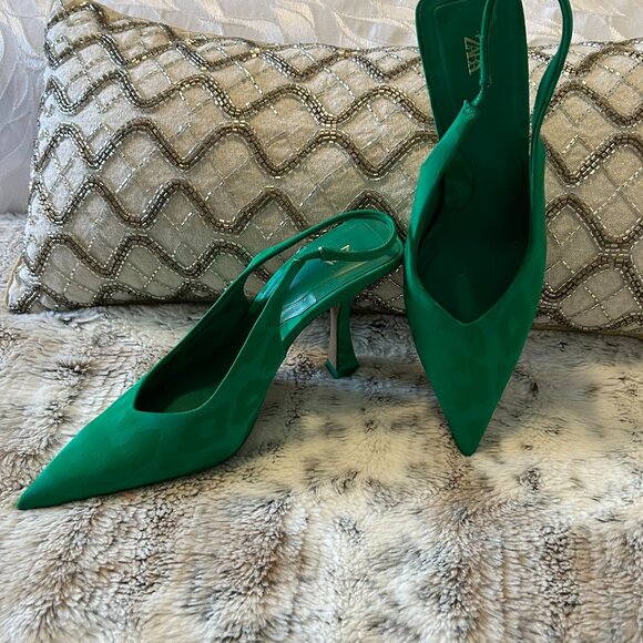 ZARA Emerald Green Satin Slingback Heels – Size 38 - Picture 1 of 5